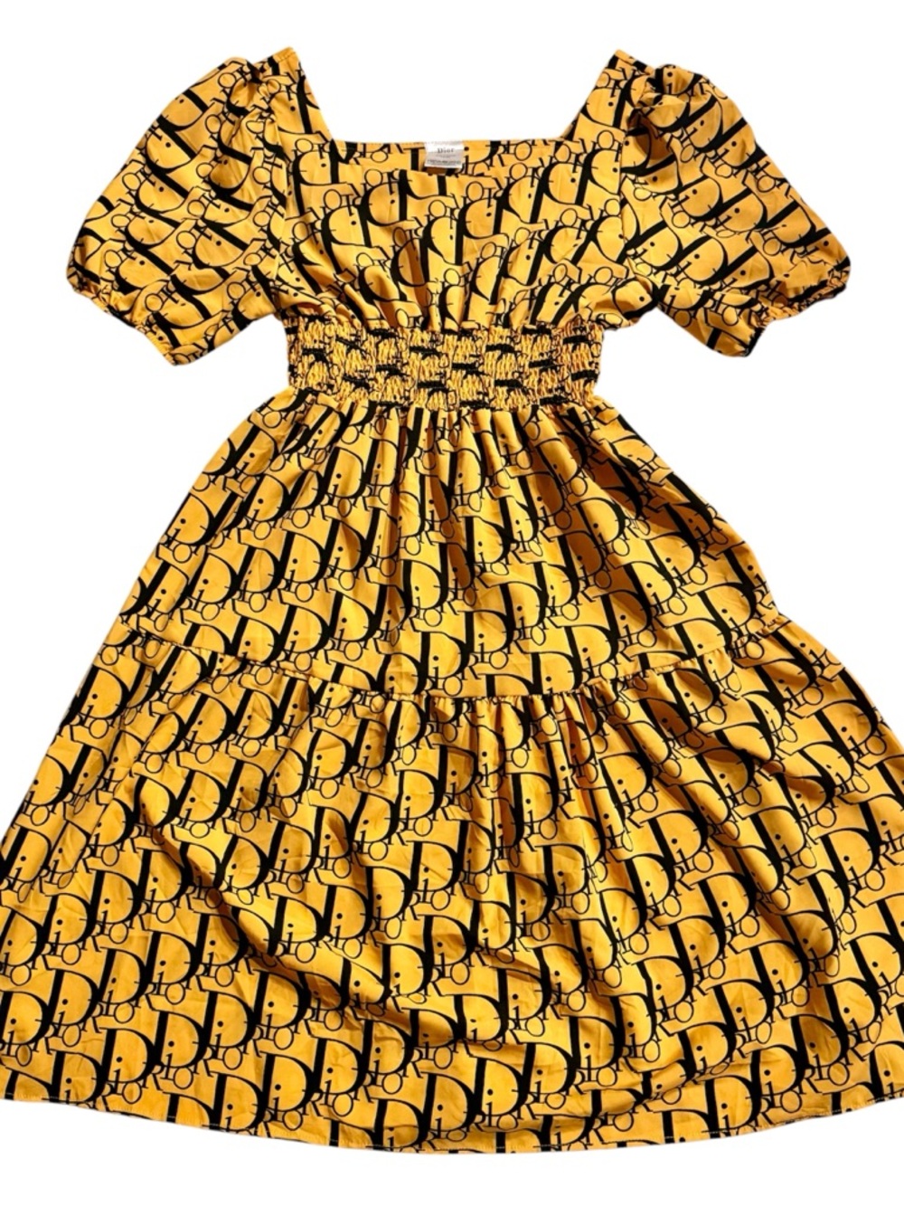 Midi length dress square neck line, mustard yellow & black Dior print fabric - Picture 14 of 15